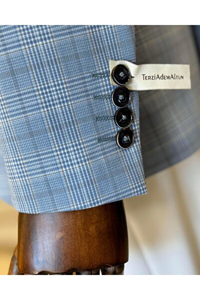 TerziAdemAltun Jachetă pentru bărbați cu model în carouri - guler mono, albastru T11529