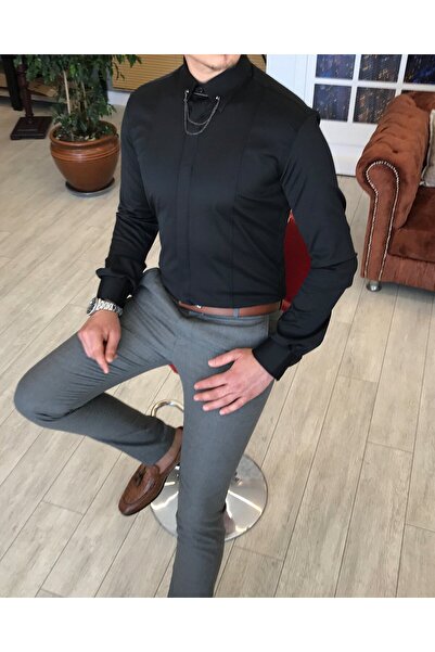 TerziAdemAltun Італійський крій slim fit чоловіча сатинова сорочка з чорним ланцюжком T4090