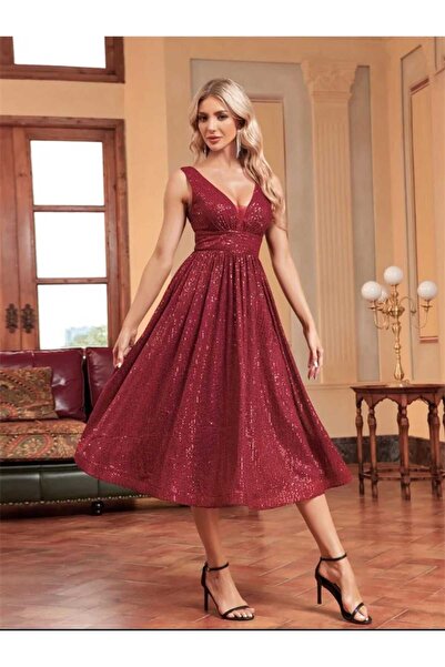 MODAS KALIN ASKILI V YAKA GÖĞÜS DEKOLTELİ ABİYE ELBİSE