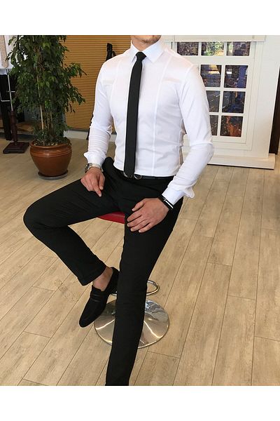 TerziAdemAltun Ανδρικό λευκό πουκάμισο με λεπτή εφαρμογή - γιακά γραβάτα, ιταλικό στυλ T4775