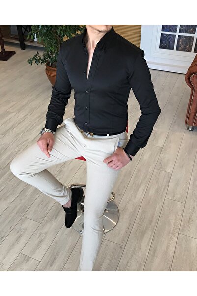 TerziAdemAltun Ανδρικό πουκάμισο με σατέν γιακά ιταλικού στυλ Slim Fit Μαύρο T4739