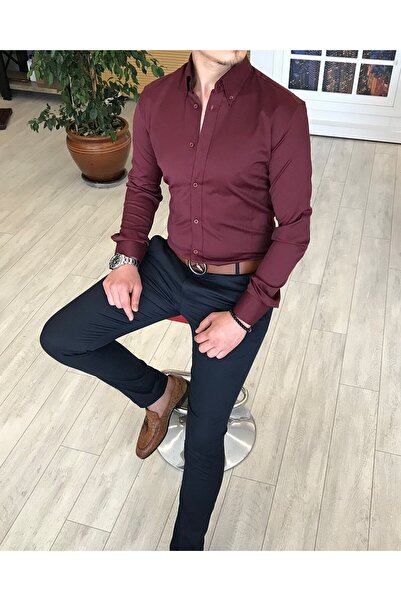 TerziAdemAltun italyan stil slim fit dik yaka saten erkek gömlek Bordo T4742