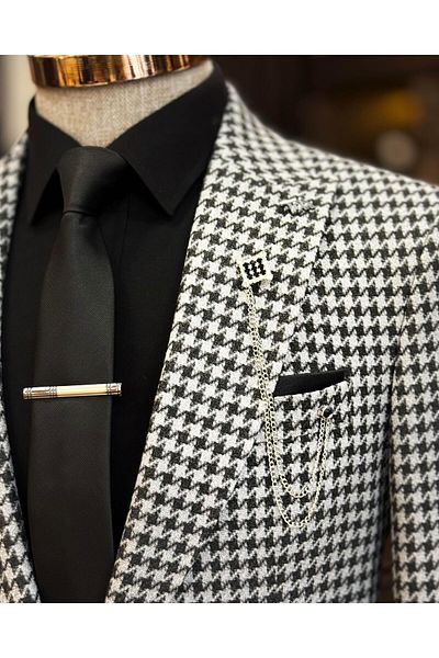 TerziAdemAltun Jachetă pentru bărbați în stil italian slim fit cu model picioare de găină neagră T11500