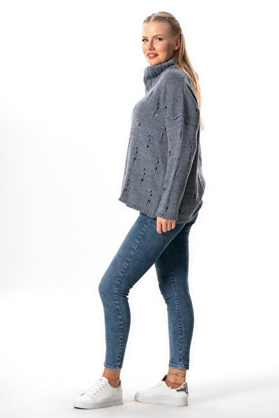 Eliş Şile Bezi Indigo Knitwear Blouse for Autumn and Winter - Wide Neck, Long Sleeve