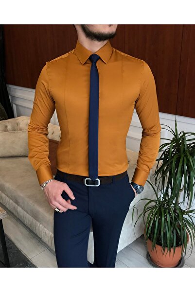 TerziAdemAltun İtalyan stil slim fit erkek kravat yaka gömlek Hardal T6819