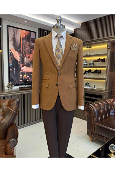 TerziAdemAltun Italian style slim fit 8 drop mono collar men's jacket camel T10982