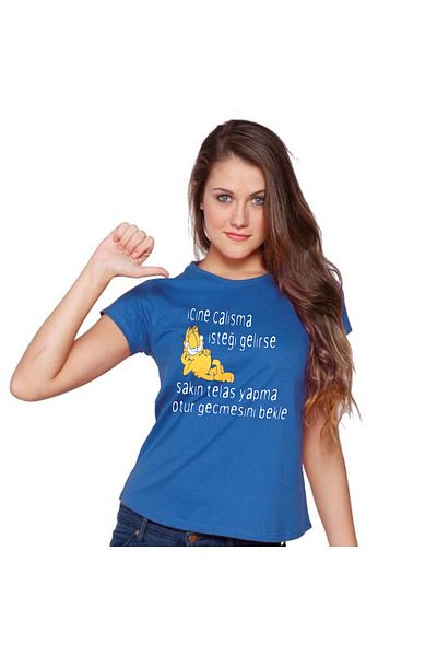 Tshirthane Γυναικείο μπλε μπλουζάκι Funny Cat Printed Slim Fit