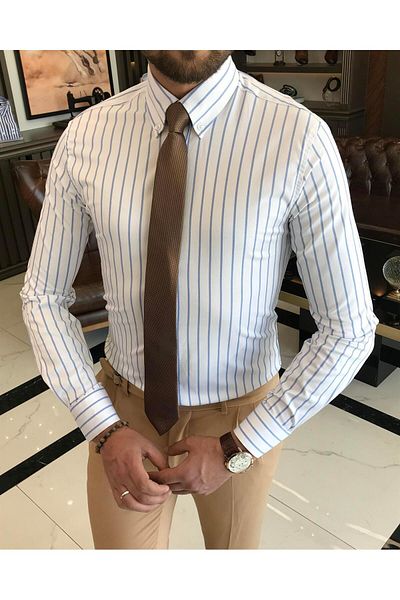 TerziAdemAltun Italian style slim fit striped men's stand collar shirt white T9245