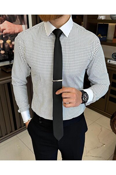 TerziAdemAltun İtalyan stil kareli kravat yaka pamuk erkek gömlek siyah T11160