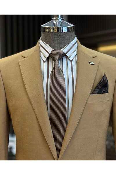 TerziAdemAltun Camel Slim Fit Mono Collar Men's Jacket - Italian Style T10757