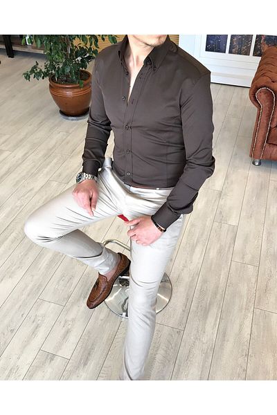 TerziAdemAltun قميص رجالي من الساتان ذو ياقة عالية بتصميم إيطالي بني T4753