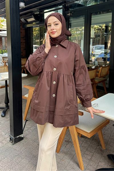Oven Garnished Lined Short Trench Coat - Brown