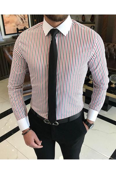 TerziAdemAltun Italian Style Slim Striped Men's Tie Collar Shirt White T9236