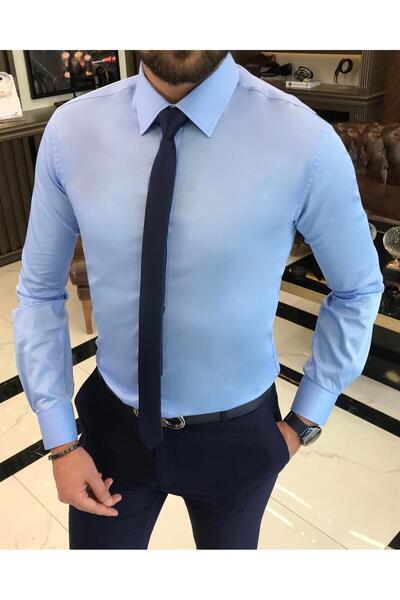 TerziAdemAltun Italian style slim fit satin cotton men's tie collar shirt blue T9421