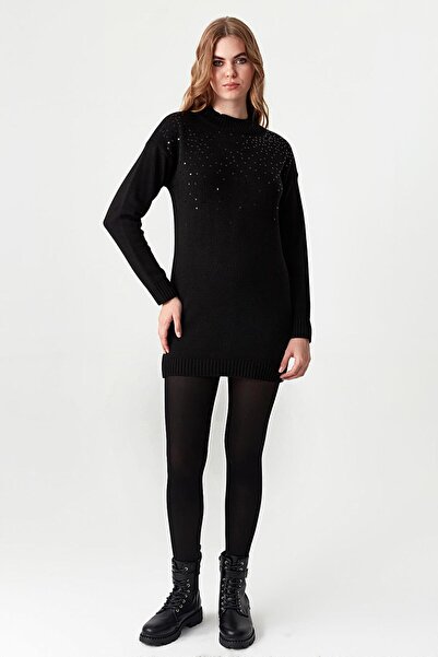 Select Moda Pulover de damă, negru, cu jumătate de gât, cu paiete