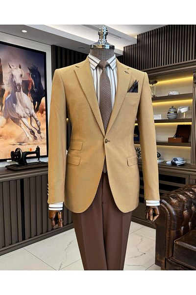 TerziAdemAltun Camel Slim Fit Mono Collar Men's Jacket - Italian Style T10757