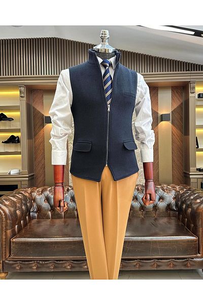 TerziAdemAltun Italian style dominant collar zippered pocket vest navy blue T10466