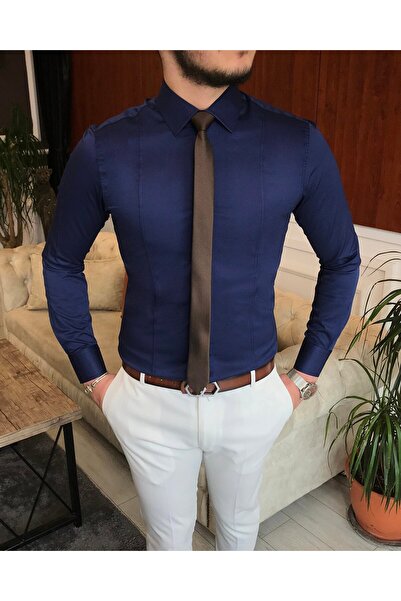 TerziAdemAltun Італійський стиль slim fit чоловіча краватка комір сорочка темно-синій T6814