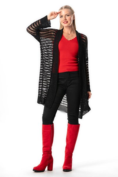 Eliş Şile Bezi Ümran Ajurlu Чорний трикотажний кардиган - довгі рукави, осінь...