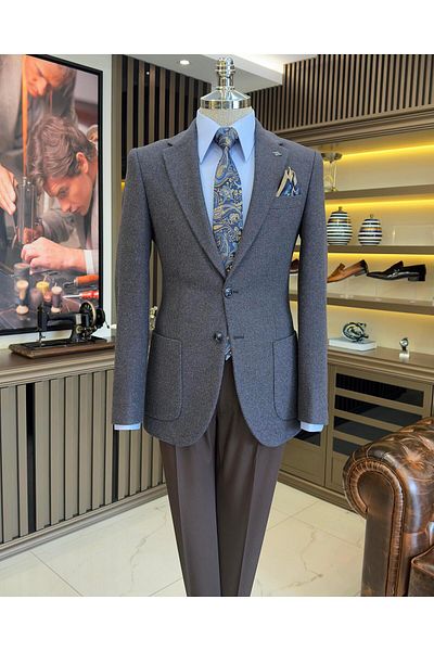 TerziAdemAltun Italian style slim fit mono collar stamped men's jacket camel T10926