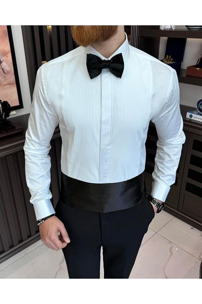 TerziAdemAltun Italian style slim fit tie collar double cuff men's shirt white T11600