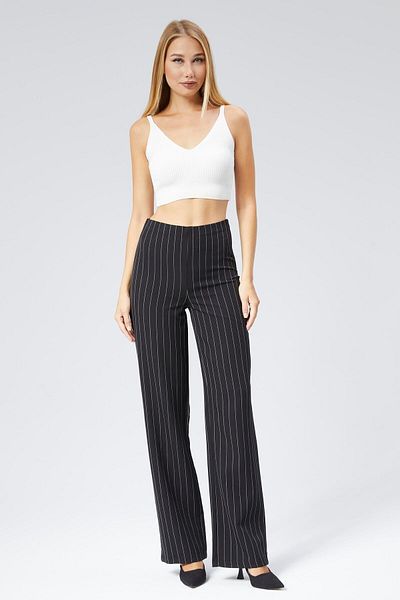 Appleline Black Striped Wide Leg Women's Trousers