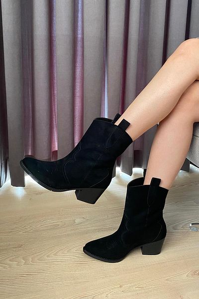 Preshley Γυναικείες μπότες Cowboy με κοντό τακούνι Vendy Black Suede