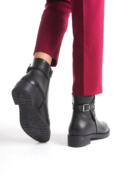 Limeo Low Heel Zippered Women's Black Bootie with Button and Buckle Detail