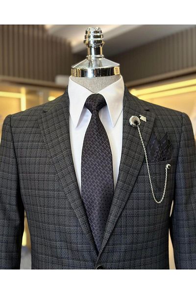 TerziAdemAltun Italian style slim fit mono collar plaid men's jacket anthracite T10752