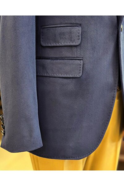 TerziAdemAltun İtalyan stil mono yaka kadife erkek tek ceket lacivert T11046