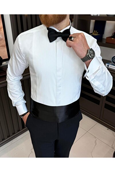 TerziAdemAltun Λευκό ανδρικό πουκάμισο με λεπτή εφαρμογή ιταλικού στυλ - γιακάς Ata, διπλή μανσέτα T11601