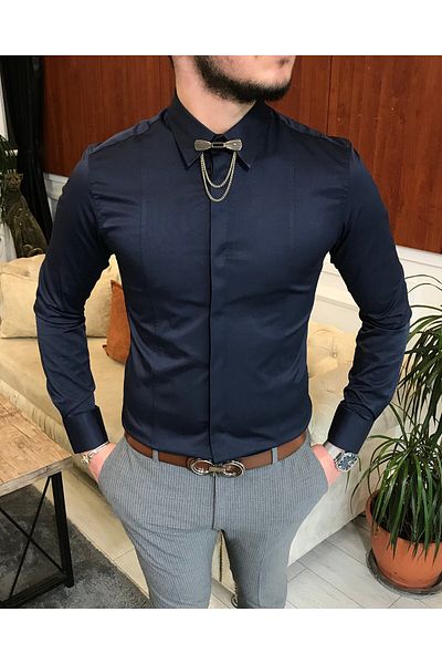 TerziAdemAltun Cămașă pentru bărbați slim fit cu lanț din satin cu croiala italiană Bleumarin T4802