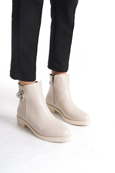 Limeo Γυναικείες μπότες μπεζ με λεπτομέρεια με φερμουάρ και αγκράφα