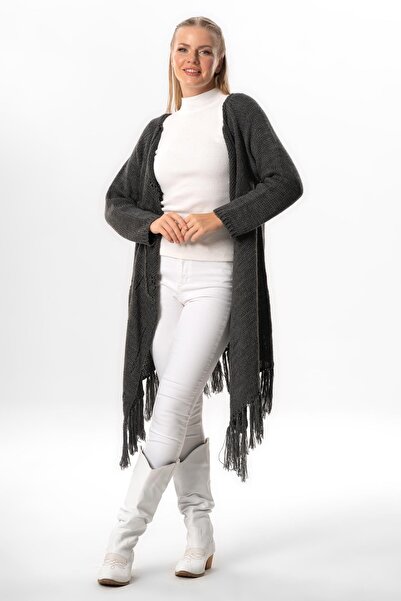 Eliş Şile Bezi Коричнево-сірий осінньо-зимовий светр з ґудзиками та бахромою