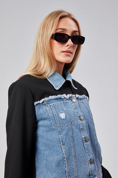 NEVEGE BUTİK FEMEI Denim Negru Tesatura Detaliu Blugi Blazer Jachetă