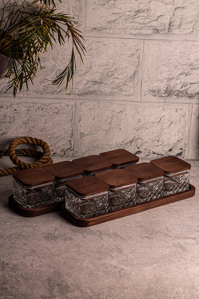 Snippy Milla Square 10 Piece Tray Wooden Vacuumed Glass Breakfast Multi-Purpose Glass Snack Bowl with Lid 230ml