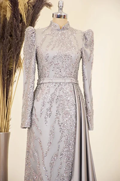 Esilanur Grey Satin Hijab Evening Dress - Pendulum Skirt and Beading Embroidery