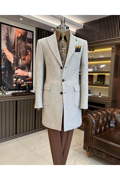 TerziAdemAltun Palton pentru bărbați în stil italian slim fit cu rever cu vârf din lână amestecat bej T11386