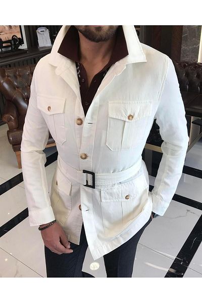 TerziAdemAltun Italian style slim fit linen cotton blend shirt collar men's trench coat ecru T9601