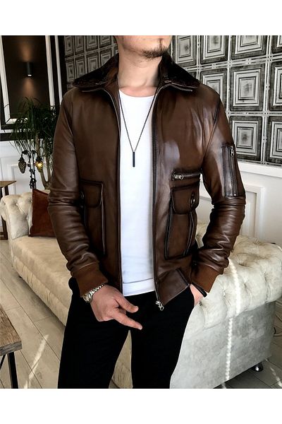 TerziAdemAltun 100% Original Lambskin Fur Collar Coat Leather Jacket Tan T5058
