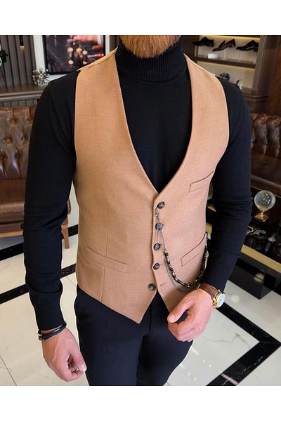TerziAdemAltun Italian style slim fit pocket vest camel T10258