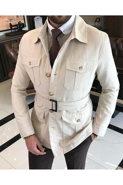 TerziAdemAltun Trench pentru bărbați în stil italian slim fit din amestec de bumbac, guler de cămașă, bej T9602