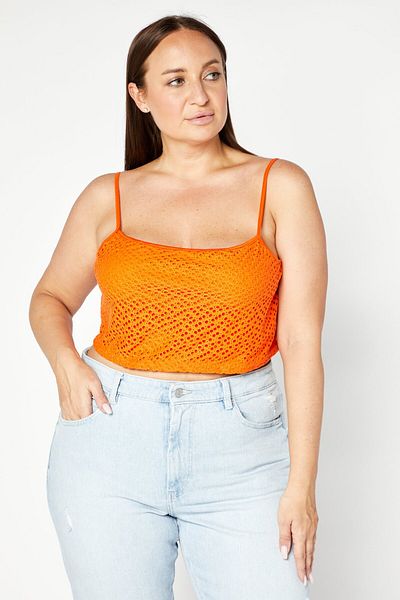 Lasula Women Square Neck Sleeveless Crochet Crop Top, Orange