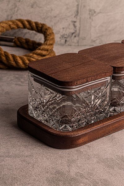Snippy Milla Square 4 Piece Tray Wooden Vacuumed Glass Breakfast Multi-Purpose Glass Snack Bowl with Lid 230ml