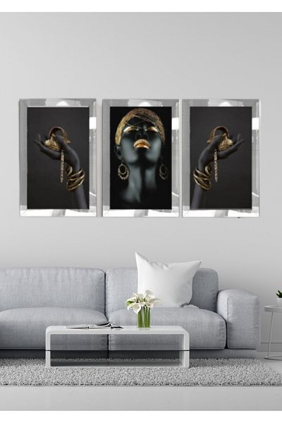 NT Handmade Tablou din 3 piese de femeie africană cu cadru din plexiglas