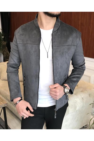 TerziAdemAltun Italian Style Slim Fit Seasonal Men's Suede Coat Gray T9175
