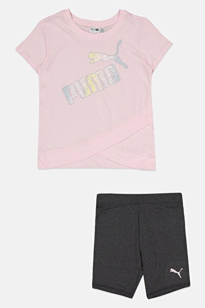 Puma Kids Girl 2 Pieces Sportswear Fit Brand Logo Jersey Set, Pink/Charcoal