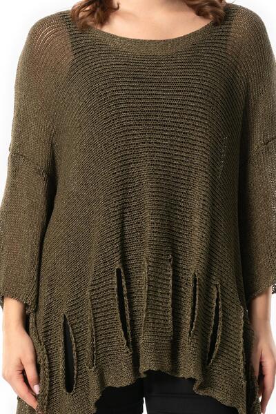 Eliş Şile Bezi Truvakar Kol Özden Sonbahar ve Kışlık Otantik Salaş Triko Bluz Haki Hk