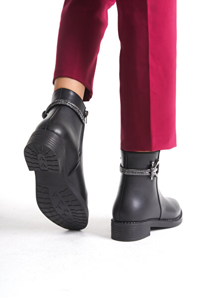Limeo Γυναικείες μαύρες μπότες με χαμηλή σόλα με λεπτομέρεια με φερμουάρ και αγκράφα