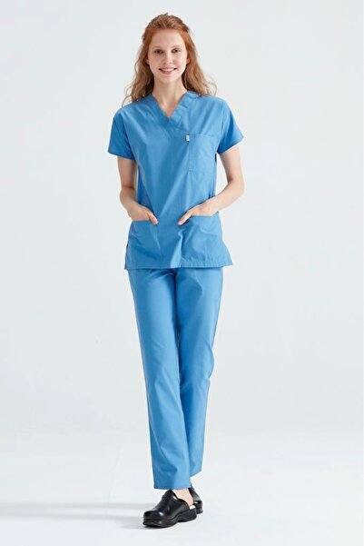 Moodamedikal Parlament Mavi Tek Renkli Likralı Kumaş Cerrahi Takım V Yaka Forma